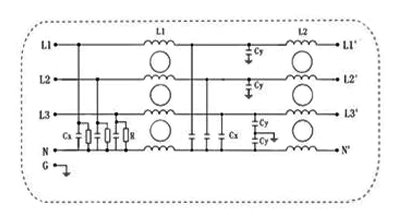 10A 3-Phase 4-Wire EMI Power Line Filter Electrical Schematic