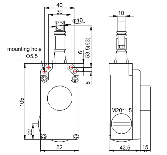 6A/380VAC emergency stop rope pull switch with 1NO 1NC dimension