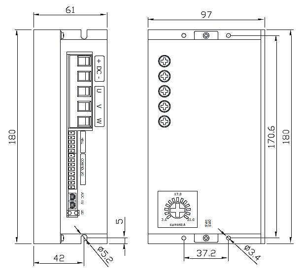 Dimensions of Brushless DC Motor Controller 12V - 60V