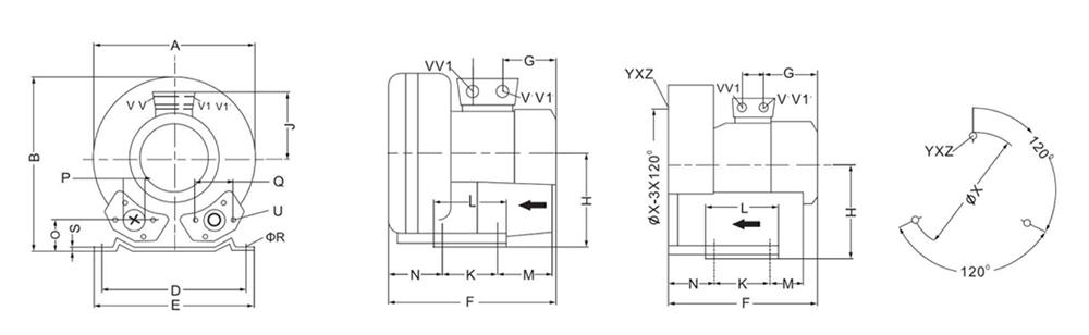 Dimension of ATO 0.7 hp regenerative blower