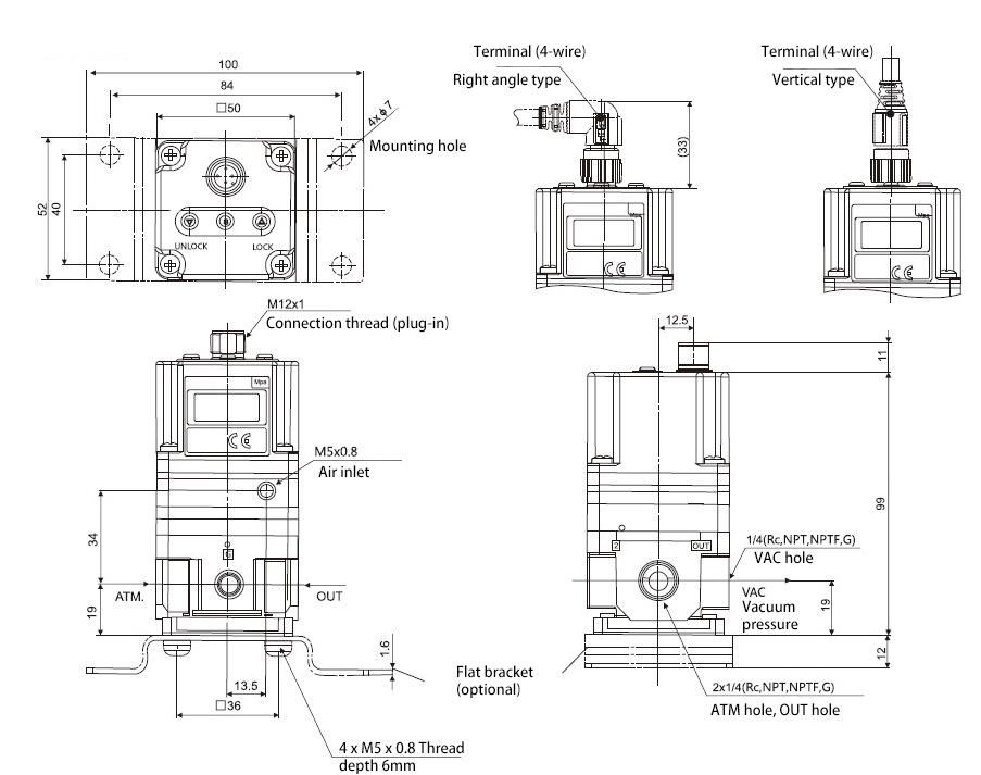 Dimensions of -1.3~80 kPa 1/4 inch Proportional Pressure Regulator with Flat Bracket