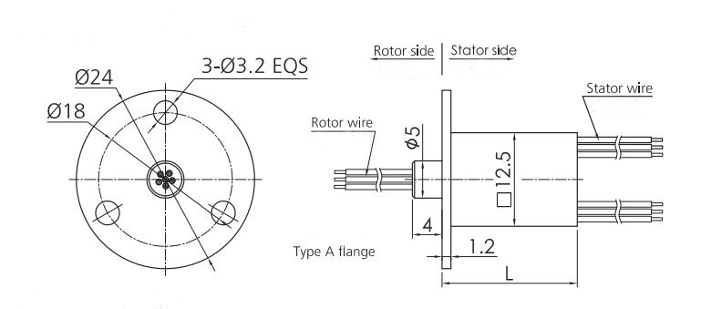 12.5mm Miniature Slip Ring (Type A Flange) Dimension Drawing