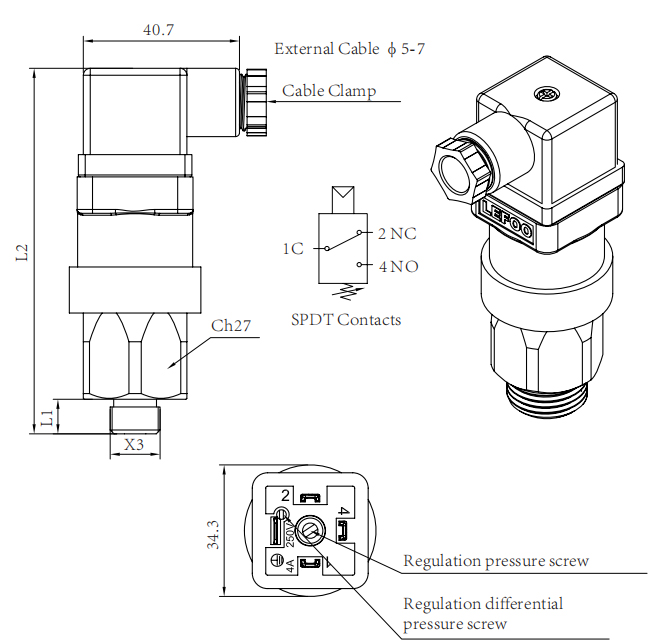 Dimension of pressure switch