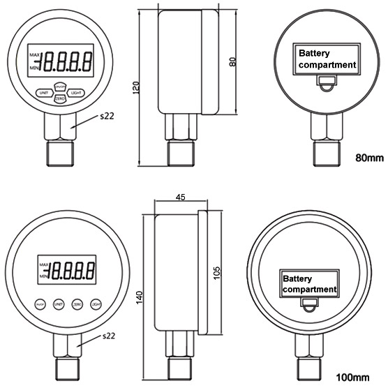 Digital pressure gauge dimensional drawing