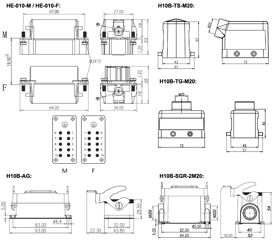 10 pin AC 500 volt  heavy duty connector dimension