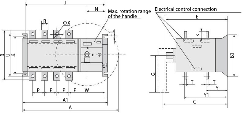 100A/160A/250A Auto Transfer Switch Dimensions