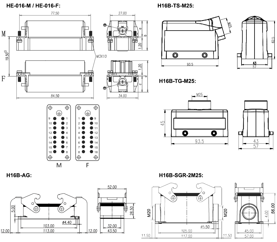 16 pin AC 500 volt heavy duty connector dimension