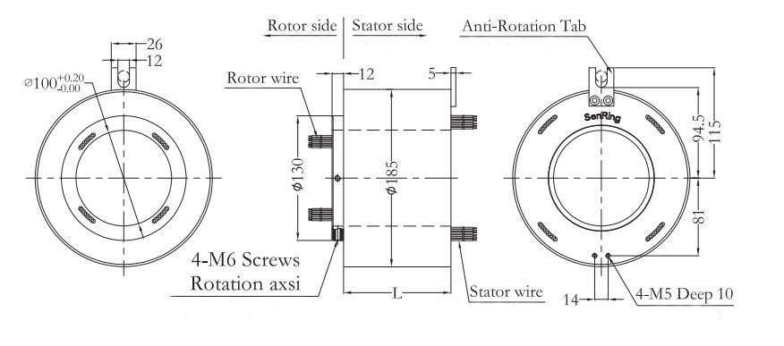 100mm Hole Diameter/185mm Outer Diameter Through Bore Slip Ring Dimension Drawing