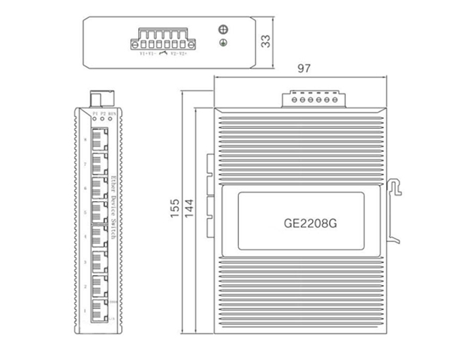 8 Port Full Gigabit Unmanaged Industrial Switch, Din Rail(图1) 8 port gigabit unmanaged industrial switch GE2208G dimension