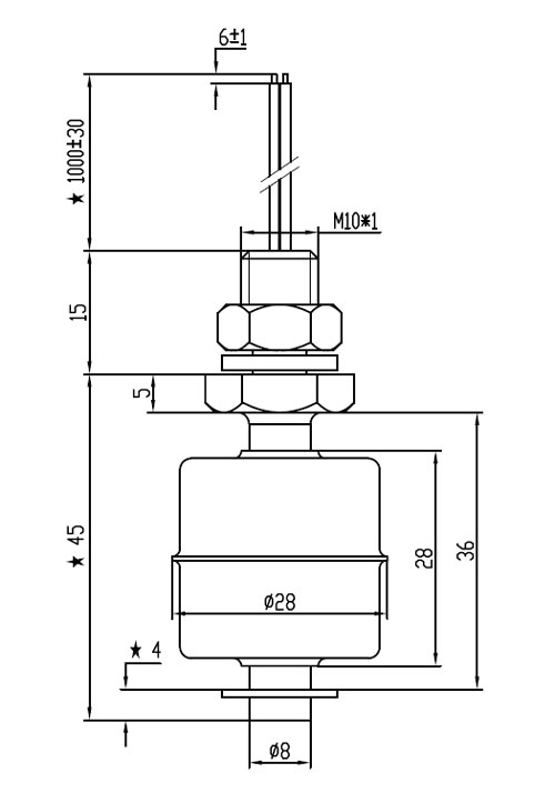 Dimensions of Stainless Steel and Plastic Float Liquid Level Sensor