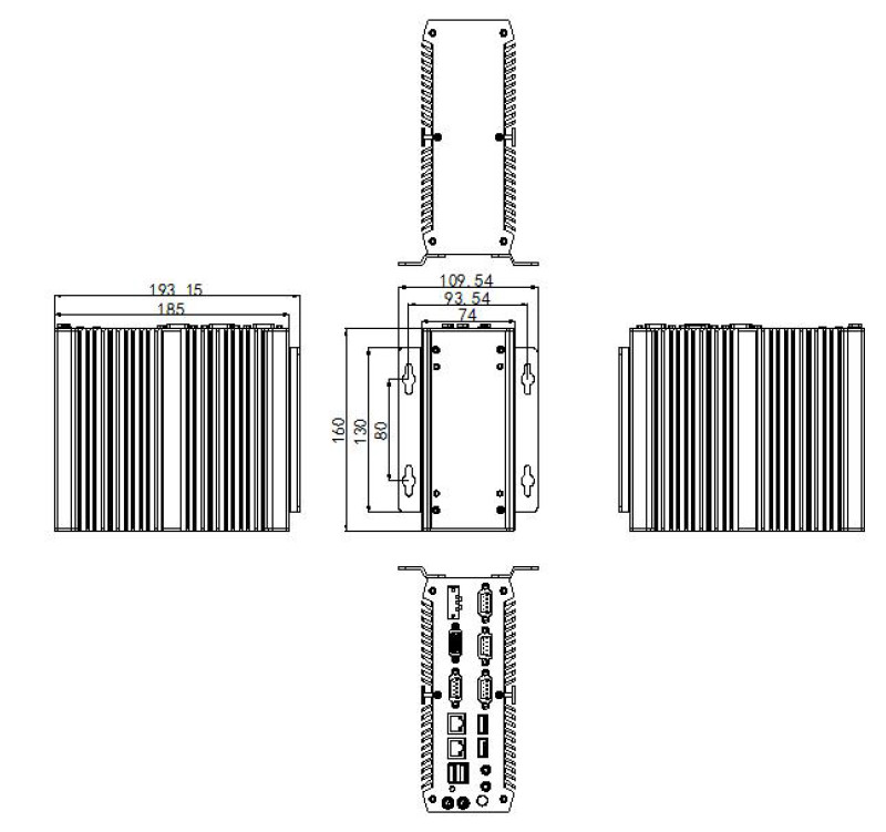 Dimensions of Fanless Industrial PC, Core i5 i7, Linux/Win 7/Win 10