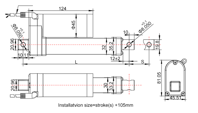 3500N electric linear actuator size