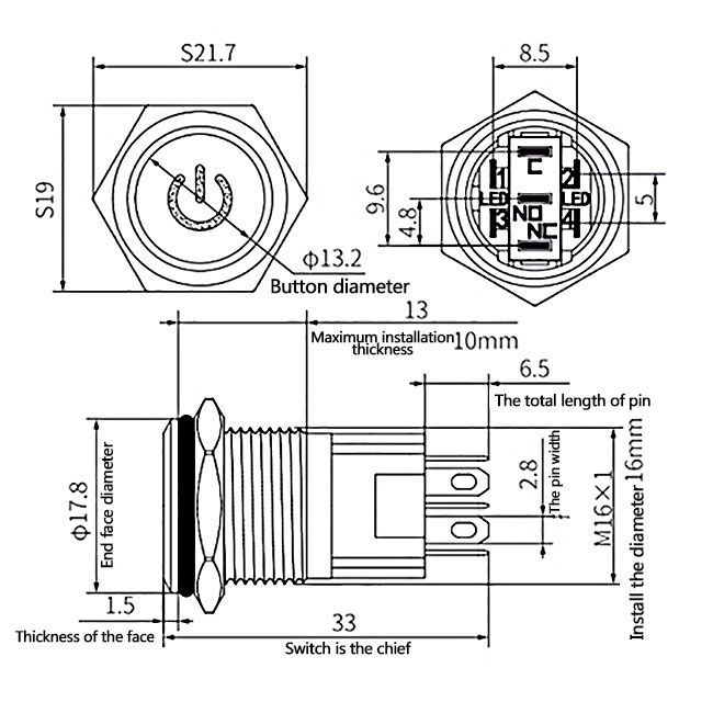 16mm momentary push button switch dimension