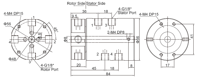 4-Passage Pneumatic Rotary Joint Dimension Drawing