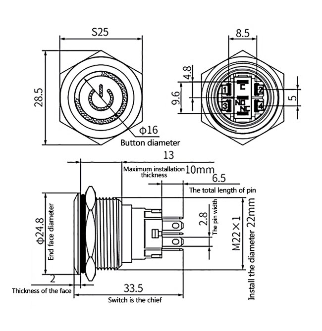 22mm momentary push button switch dimension