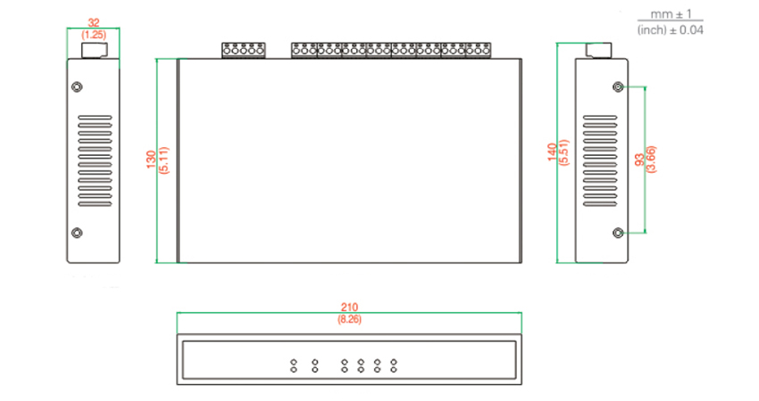 Dimension of RS232 to RS485 hub of 8 ports