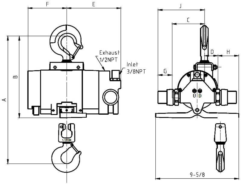 Dimension of 1000 lb air chain hoist