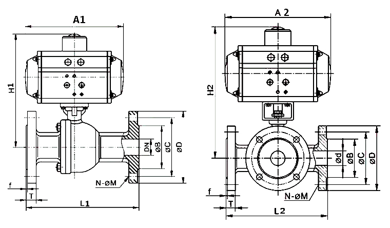 2 way / 3 way stainless steel flanged type pneumatic ball valve dimension