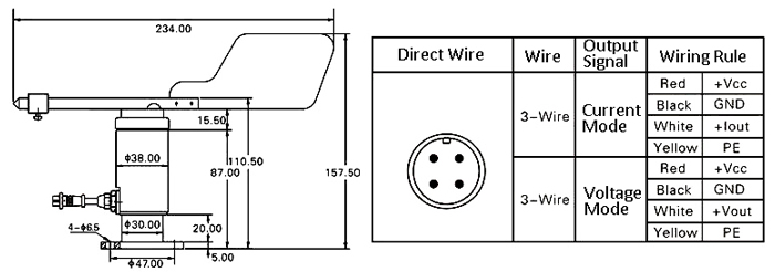 Dimension and wiring of wind direction anemometer