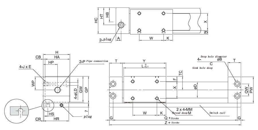 rodless air cylinder dimension