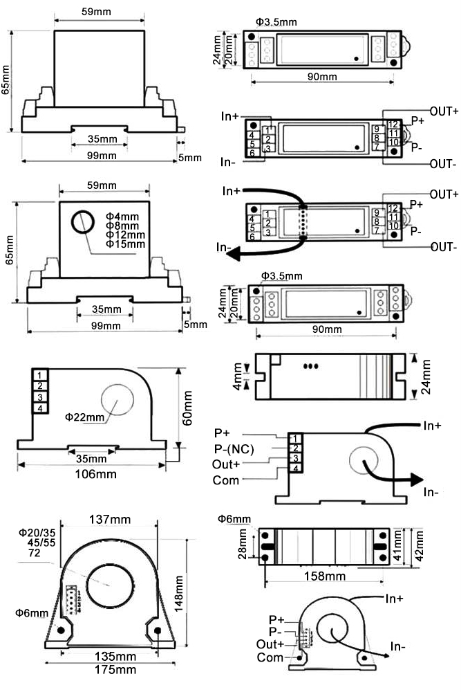 DC current sensor 1mA to 1000A dimension and wiring