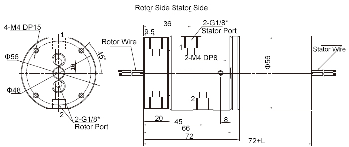 2-Passage Pneumatic/Electrical Rotary Joint, 5A/10A Signal Dimension Drawing