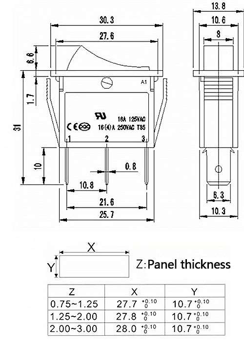 Illuminated rocker switch dimension