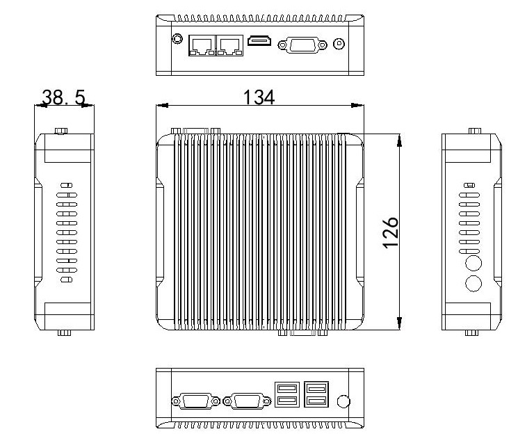 Dimensions of Mini Fanless Industrial PC, Celeron N3450, Linux/Win 7