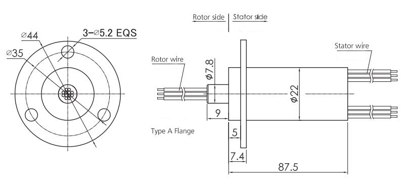 25mm Miniature Capsule Slip Ring Connector (Type A Flange) Dimension Drawing