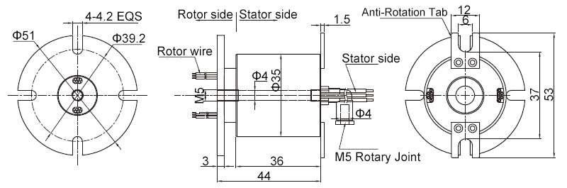 1-Passage Pneumatic Electrical Rotary Joint Dimension Diagram