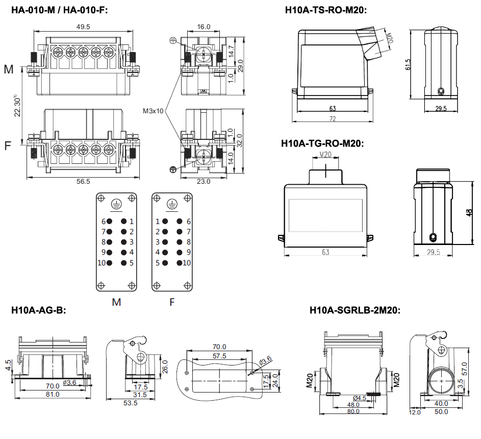 10 pin AC 250 volt  heavy duty connector dimension