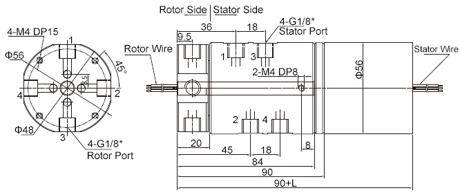 4-Passage Pneumatic Rotary Joint, 5A/10A Signal Dimension Drawing