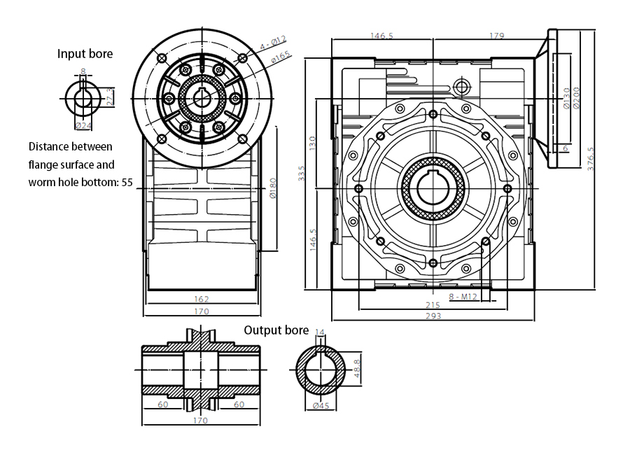 ATO 130mm worm gear reducer outline dimensional drawing