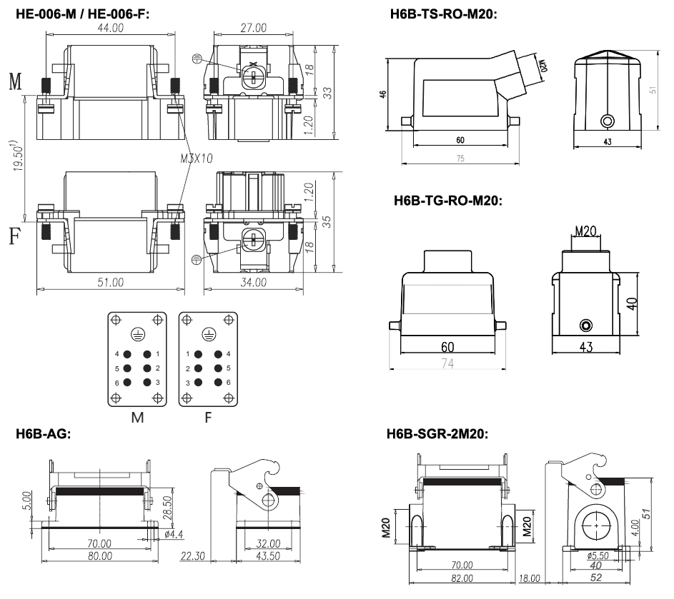 6 pin AC 500 volt/ 16 amp heavy duty connector dimension