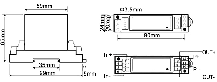 AC current sensor 5mA to 10A dimension and wiring