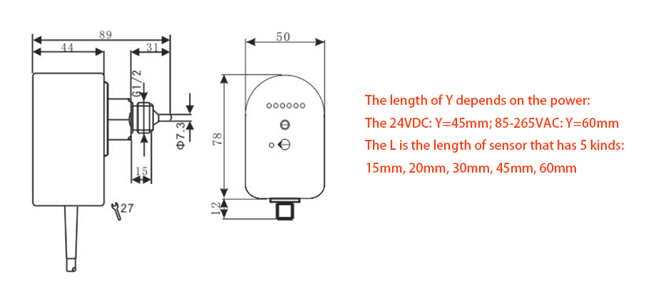 Thermal dispersion air flow switch dimension diagram