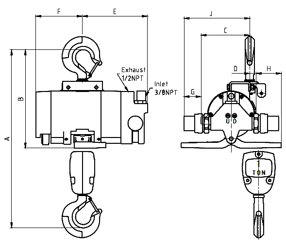 Dimension of 2000 lb 1 ton air chain hoist