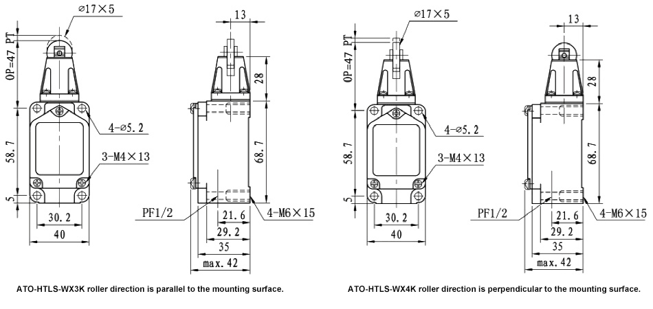 High temperature limit switch with roller plunger dimension