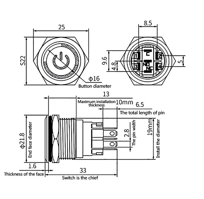 19mm momentary push button switch dimension