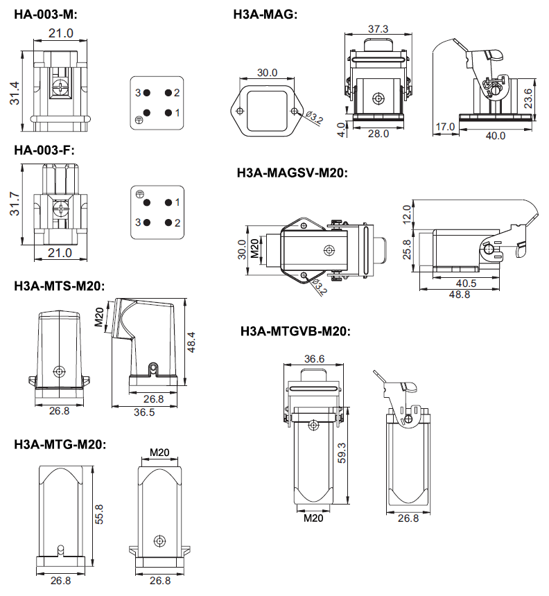 3 pin AC 250 volt / 10 amp heavy duty connector dimension