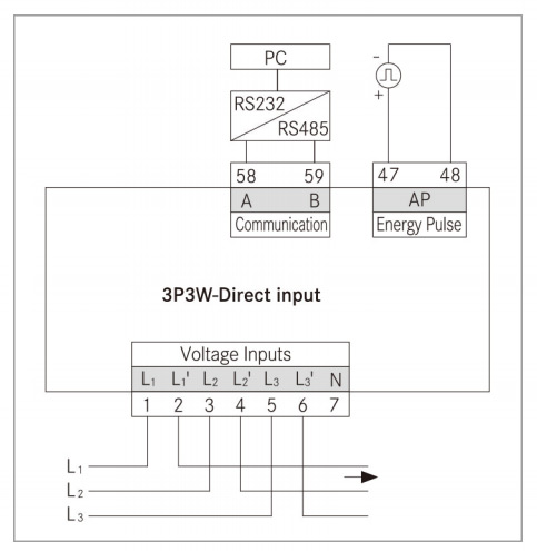 3 phase 3 wire direct input energy meter wiring