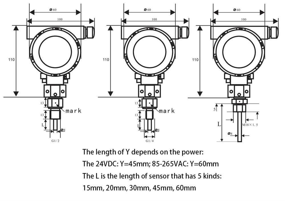 Thermal dispersion flow switch dimension diagram