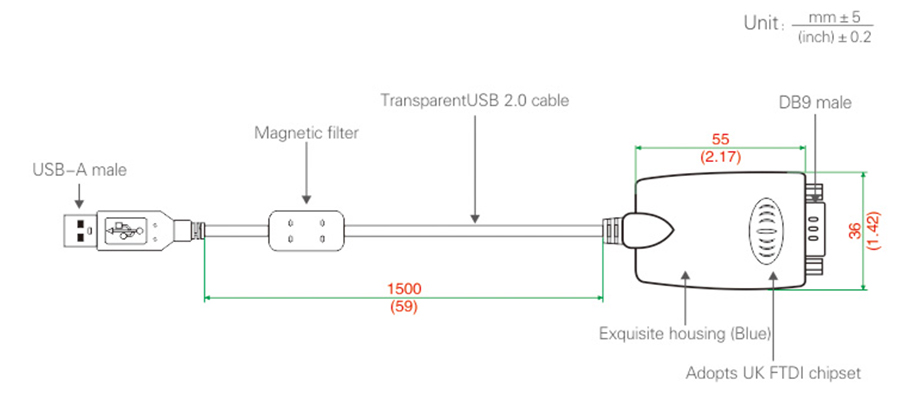 Dimension of USB to RS485 converter