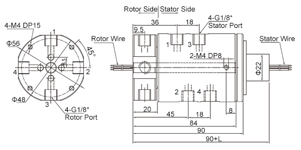 4-Passage Pneumatic Rotary Joint, 6~56-Wire 2A Signal Dimension Drawing