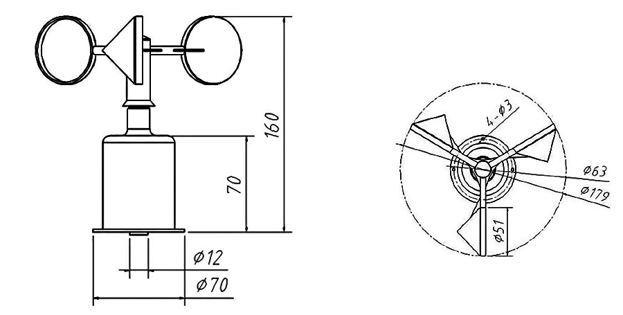 Dimension diagram of 3-Cup Anemometer, 0~45 m/s Wind Speed, RS 485 Output