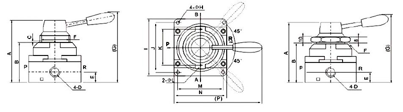 Dimensions of 4 Way 2 Position Air Hand Lever Valve