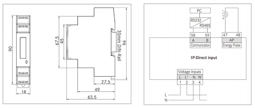 Single phase energy meter dimension and wiring