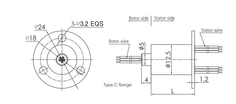 12.5mm Miniature Slip Ring (Type C Flange) Dimension Drawing