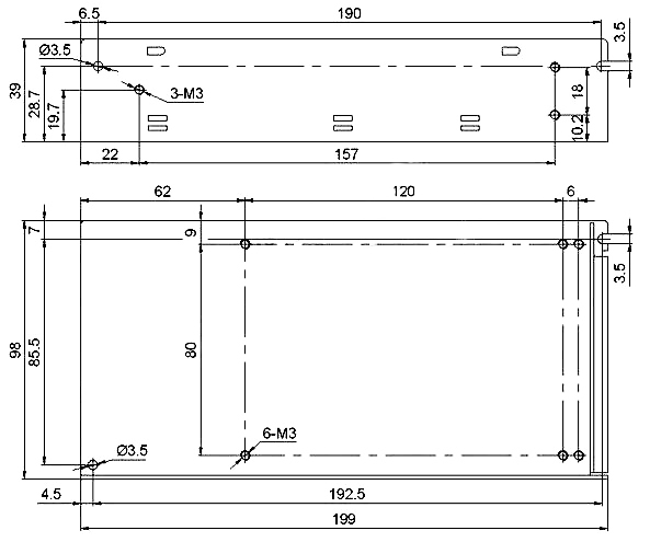 Installation dimensiions of 100W switching power supply