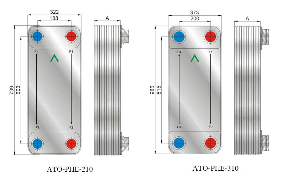 Dimension Drawing of Counter Flow Brazed Plate Heat Exchanger, Model 210/310